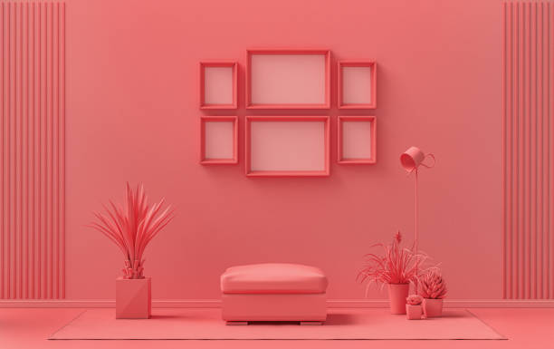 istock Poster frame background room in flat light pink, pinkish orange color with 6 frames on the wall, solid monochrome background for gallery wall mockup, 3d rendering 1307600617