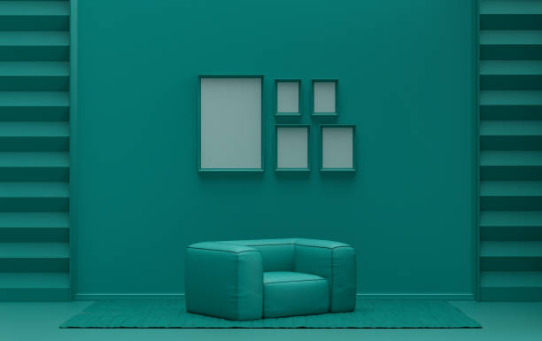 istock Flat color interior room for poster showcase with 5 frames  on the wall, monochrome dark green color gallery wall with single chair, without plant. 3D rendering 1307601129
