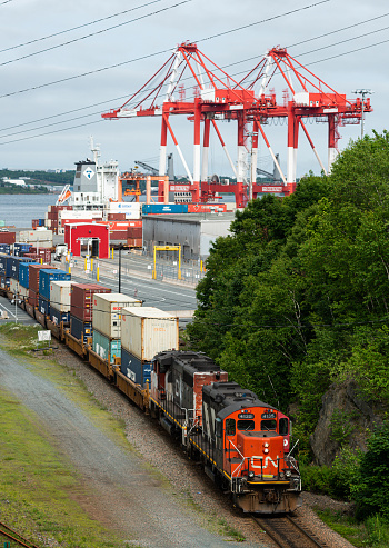 Halifax, Canada - June 29, 2020 - A CN Rail freight train prepares to depart from the Halterm container port in Halifax's south end.