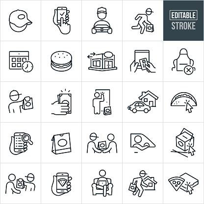 A set of icons representing the industry of the ever increasing popularity of take out food delivery. The icons include editable strokes or outlines using the EPS vector file. The icons include delivery men, take out, ordering from smartphone, searching on smartphone, fast delivery, fast food delivery, ordering with credit card, ordering over the phone, hamburger, taco, pizza, fast food, restaurant, Chinese food, pizza delivery, delivery, tip, delivery person knocking on door, food bag, home delivery, calendar and a person ordering food from comforts of a couch just to name a few.