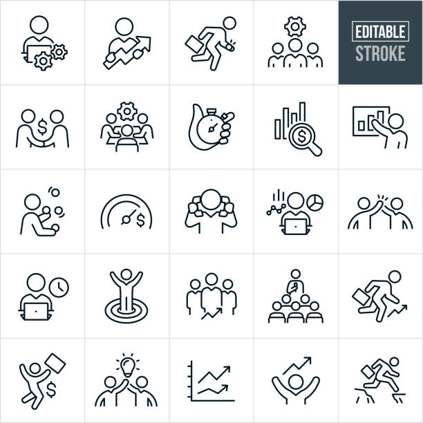 Business Productivity Thin Line Icons - Editable Stroke A set of business productivity icons that include editable strokes or outlines using the EPS vector file. The icons include a business person at a computer with a cog, a business person holding an upwards arrow, a businessman running with briefcase and watch alarm going off, a team of business people with a cog, two business people shaking hands making a deal, three business people working together in a boardroom, hand with a stopwatch, chart with a magnifying glass and a dollar sign, businessman giving a positive growth business presentation, person juggling, money goal meter, business person multitasking by talking with two telephone handsets, businesswoman at laptop with sales data, two business people giving each other a high five, businesswoman in bullseye of a target, business team with an upwards arrow indicating growth, business person giving a presentation to team of employees, business person jumping for joy making money, two business people holding a lightbulb to suggest a good idea and a businessman jumping a gap in a cliff to name a few. All icons represent positive productivity in the workforce. bridging the gap stock illustrations