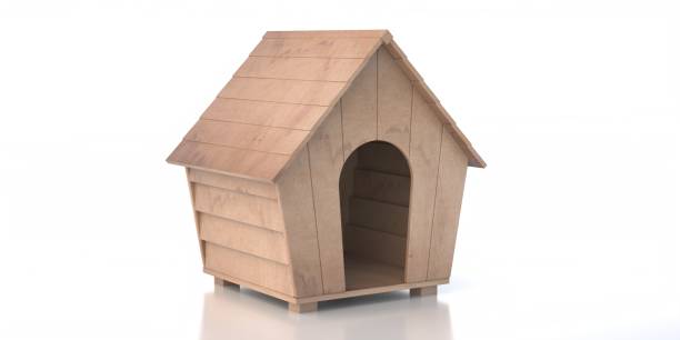 흰색 배경에 고립 된 개 집, 애완 동물 집에 대한 나무 오두막. 3d 일러스트레이션 - hut cabin isolated wood 뉴스 사진 이미지