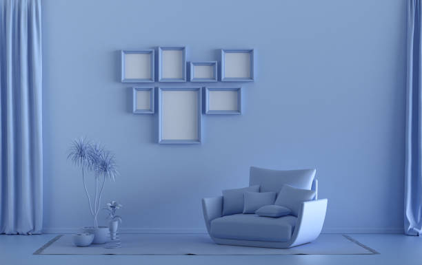 istock Mock-up poster gallery wall with 7 frames in solid pastel light blue room with single chair and plants, 3d Rendering 1307603270