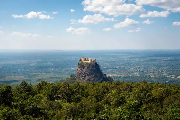 Mount Popa, an important pilgrimage site with numerous Nat temples and relic sites near Bagan, Mandalay Division, Myanmar (Burma).