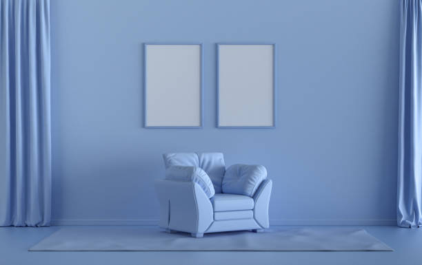 istock Double Frames Gallery Wall in light blue monochrome flat room with single chair, without plant, 3d Rendering 1307605089