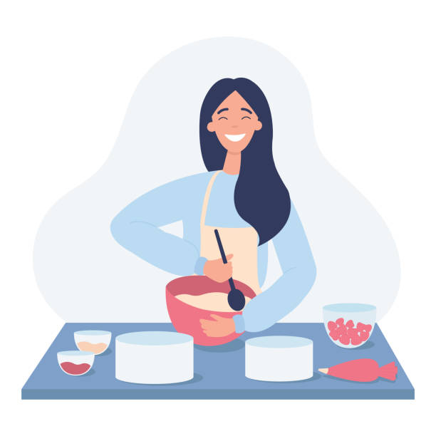 케이크를 구우고 싶어하는 소녀 - baking cake making women stock illustrations