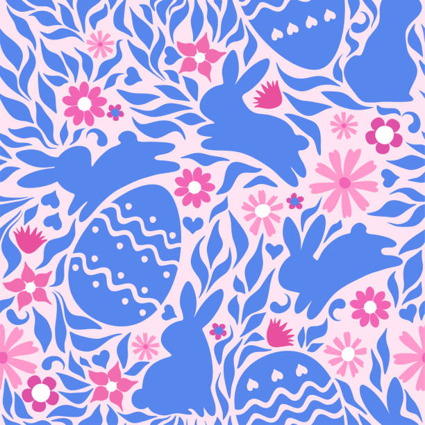 ilustrações de stock, clip art, desenhos animados e ícones de easter eggs, rabbit, leaves and flowers, spring background. seamless pattern. pattern for fabric, wrapping, wallpaper. decorative print. - decoration eggs leaf easter