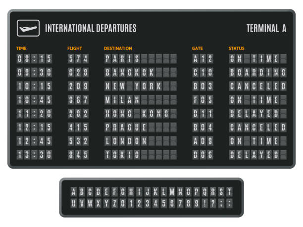 istock Airport flip board. Departures information scoreboard, flipping arrival countdown. Scoreboard flip airport info display vector illustration set 1307606608