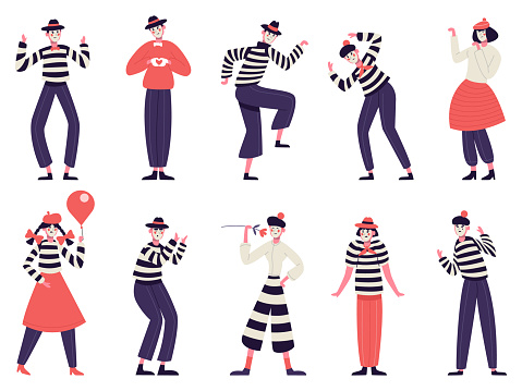 Mimes Characters Silent Actors Pantomime And Comedy Performing Funny Mimic  Poses Male And Female Mimes Characters Vector Illustration Set Stock  Illustration - Download Image Now - iStock
