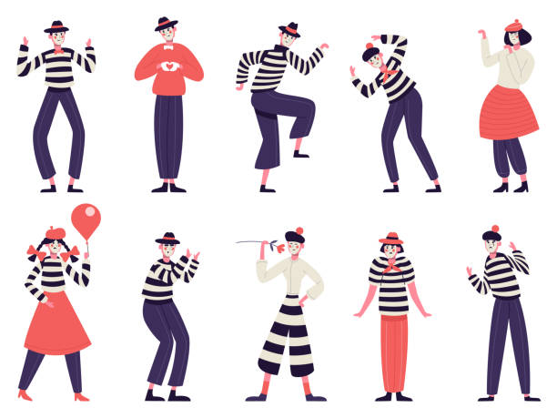 Mimes characters. Silent actors, pantomime and comedy performing, funny mimic poses. Male and female mimes characters vector illustration set Mimes characters. Silent actors, pantomime and comedy performing, funny mimic poses. Male and female mimes characters vector illustration set with hat and face mask, flowers and balloon charades stock illustrations