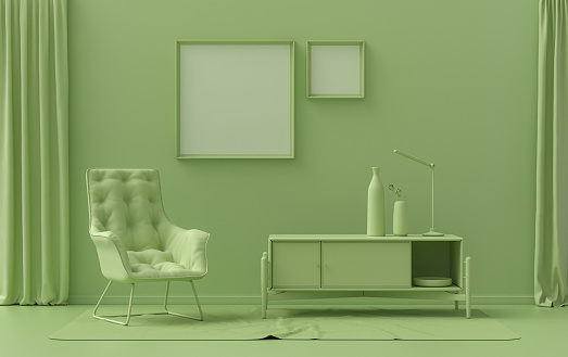 Double Frames Gallery Wall en color verde claro monocromo habitación plana con muebles y plantas, 3d Rendering photo