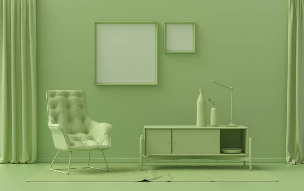 double frames gallery wall en color verde claro monocromo habitación plana con muebles y plantas, 3d rendering - monocromo fotografías e imágenes de stock