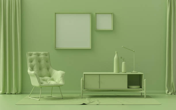Double Frames Gallery Wall in light green color monochrome flat room with furnitures and plants, 3d Rendering Double Frames Gallery Wall in light green color monochrome flat room with furnitures and plants, 3d Rendering, poster mockup room monochrome stock pictures, royalty-free photos & images