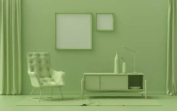 Photo of Double Frames Gallery Wall in light green color monochrome flat room with furnitures and plants, 3d Rendering