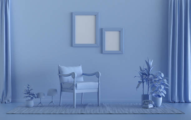 istock Double Frames Gallery Wall in light blue monochrome flat room with furnitures and plants, 3d Rendering 1307607151