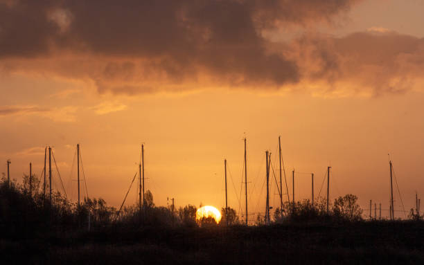 morning sun and ship masts - fotografia de stock