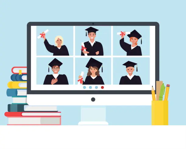 Vector illustration of Online graduation during to coronavirus Covid-19 pandemic. A group of young graduate students communicate via video conference. Vector illustration in flat style