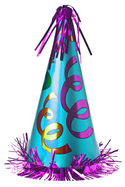 Colorful festive birthday party hat with fringe Blue birthday party hat with shiny lilac fringe isolated on white background party hat stock pictures, royalty-free photos & images