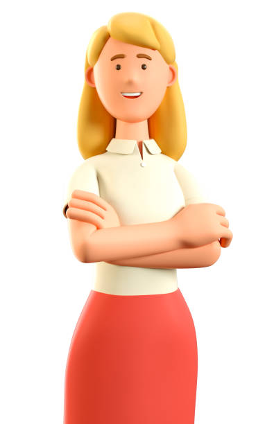 ilustração 3d de mulher loira confiante e com os braços cruzados. feche o retrato de um desenho animado sorrindo mulher de negócios atraente em saia vermelha, isolada em branco. - women businesswoman elegance skirt - fotografias e filmes do acervo