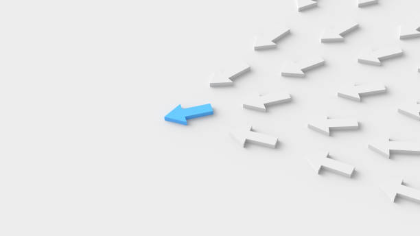 istock Leadership concept, blue leader arrow leading white arrows, on white background with empty copy space on left side 1307613938
