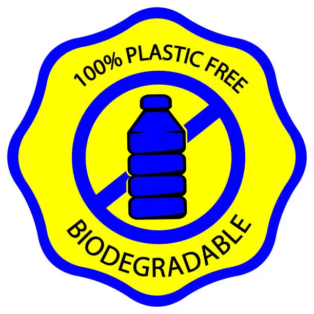 Vector illustration of Biodegradable icon. Plastic free symbol. Stamp with lettering 100 plastic free and biodegradable, for different product and different packages. Vector illustration
