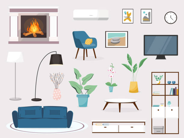 Modern living room interior. Vector banner. Large detailed interior set. Cozy living room. Flat vector illustration Modern living room interior. Vector banner. Large detailed interior set. Cozy living room. Flat vector illustration. fireplace and armchair stock illustrations
