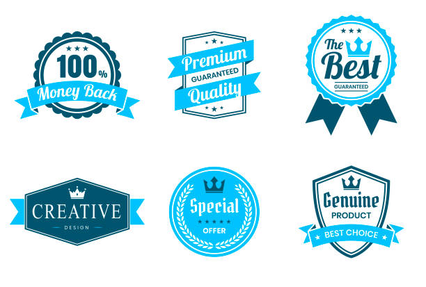 illustrazioni stock, clip art, cartoni animati e icone di tendenza di set di badge ed etichette blu - elementi di design - seal stamper business medal certificate