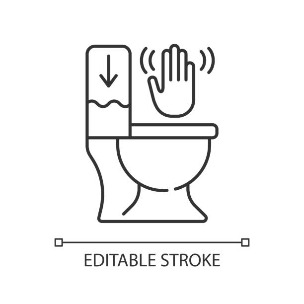 Touchless toilet flush linear icon Touchless toilet flush linear icon. Advanced flushing systems that do not require contact. Thin line customizable illustration. Contour symbol. Vector isolated outline drawing. Editable stroke flushing toilet stock illustrations