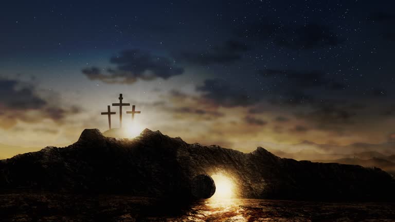 Three crosses on a hill with the Lord Jesus tomb