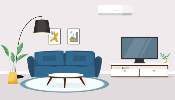 Vector banner with modern living room interior. Design of a cozy room with a sofa, TV stand, floor lamp, air conditioning and decorative accessories Vector banner with modern living room interior. Design of a cozy room with a sofa, TV stand, floor lamp, air conditioning and decorative accessories. living room stock illustrations