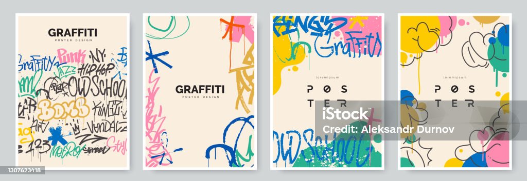 Abstract graffiti poster with colorful tags, paint splashes, scribbles and throw up pieces. Street art background collection. Artistic covers set in hand drawn graffiti style. Vector illustration Graffiti stock vector