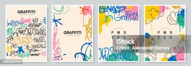 Abstract Graffiti Poster With Colorful Tags Paint Splashes Scribbles And Throw Up Pieces Street Art Background Collection Artistic Covers Set In Hand Drawn Graffiti Style Vector Illustration Stock Illustration - Download Image Now