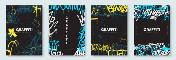 Abstract graffiti poster with colorful tags, paint splashes, scribbles and throw up pieces. Street art background collection. Artistic covers set in hand drawn graffiti style. Vector illustration Abstract graffiti poster with colorful tags, paint splashes, scribbles and throw up pieces. Street art background collection. Artistic covers set in hand drawn graffiti style. Vector illustration rap stock illustrations
