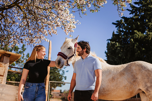 Beautiful young couple with their white mare under a flowering almond tree. Real life situation. Slightly grain added. Part of a series.