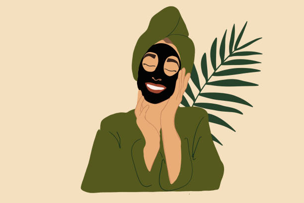 Pretty woman relaxing in bathrobe and towel Pretty smiling woman with black activated carbon mask on the face in green bathrobe and towel with green leaf on background. Clean and detox skincare. Vector Illustration. facial mask woman stock illustrations
