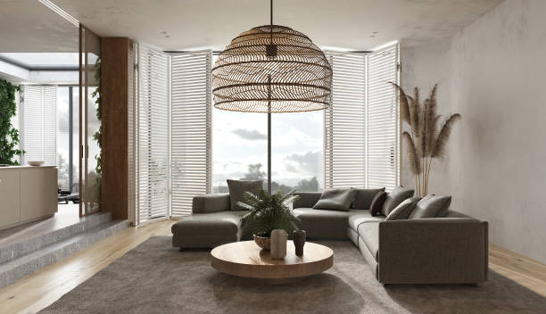 istock Minimalist modern interior  scandinavian design. Beige studio living room. Light design large modular sofa, carpet, armchair, wooden lamp, green plants, dry grass, decor. 3d render. 3d illustration. 1307629863