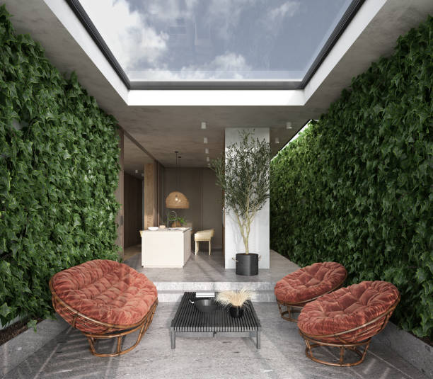 istock Minimalism modern interior scandinavian background. Bright architecture studio kitchen and indoor terrace. Big panoramic ceiling windows, green plants, wicker furniture. 3d render. 3d illustration. 1307629864