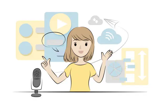 Vector illustration of podcast theme concept illustration . woman is talk on her broadcasting program.