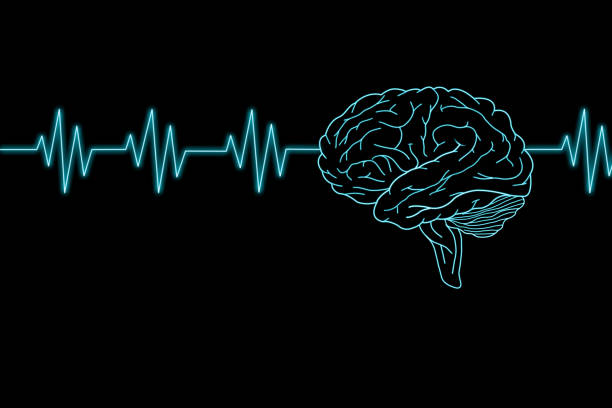 Illustration human brain concept and pulse line neon light effect on dark blue background