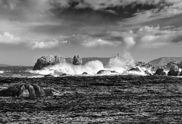 Grayscale. Tregastel coast spring view  (between Perros-Guirec and Pleumeur-Bodou, Brittany, France). The Pink Granite Coast.