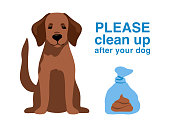 Dog poop in plastic bag isolated on background. Warning pick up excrement, feces, shit outdoors. Care of environment and save nature park. Street banner, flyer, information sign. Vector illustration.