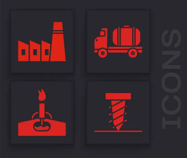 Vector illustration of Set Rotating drill digging a hole, Oil industrial factory building, Tanker truck and Oil rig with fire icon. Vector