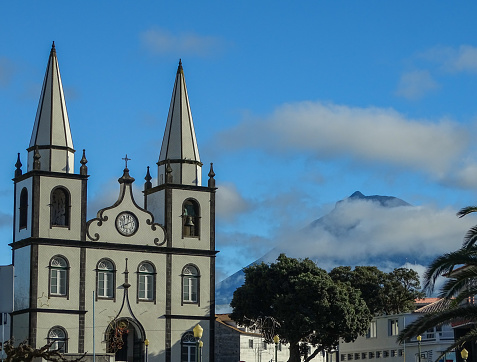 Mountain Pico, view from small town, Azores islands, Pico island, travel destination in Europe.