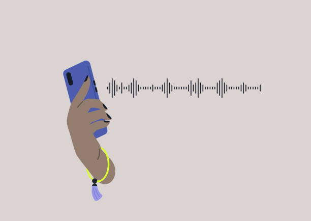 ilustraciones, imágenes clip art, dibujos animados e iconos de stock de un concepto de mensaje de voz, una onda sonora, escuchar música, una mano sosteniendo un teléfono inteligente - phone horn