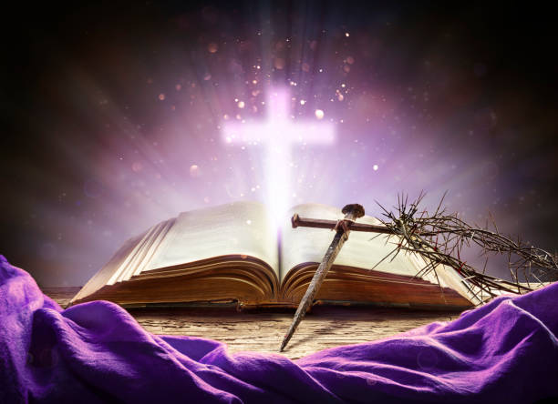 Passion And Resurrection Concept - Holy Bible And Calvary Symbols Lenten Concept - Purple Robe With Bible And Calvary Symbols gospel stock pictures, royalty-free photos & images
