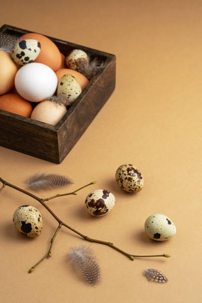 istock Chicken and quail eggs in wooden box on beige background. 1307639108