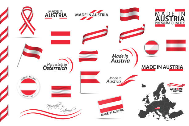 Big vector set of Austrian ribbons, symbols, icons and flags isolated on a white background. Made in Austria, premium quality, Austrian national colors. Set for your infographics and templates Big vector set of Austrian ribbons, symbols, icons and flags isolated on a white background. Made in Austria, premium quality, Austrian national colors. Set for your infographics and templates Austria stock illustrations