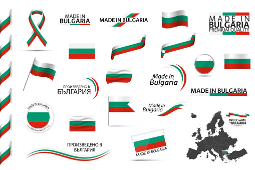 Big vector set of Bulgarian ribbons, symbols, icons and flags isolated on a white background. Made in Bulgaria, premium quality, Bulgarian national tricolor. Set for your infographics and templates