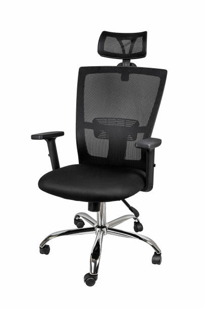 istock Mesh ergonomic office chair isolated on white background. Modern comfortable armchair with adjustable headrest and armrests, lumbar support and tilt mechanism with rocking function. 1307640182