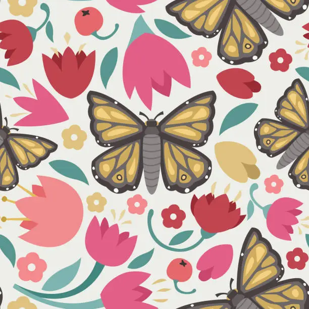 Vector illustration of Seamless pattern With a butterfly and flowers in flat style, vector format